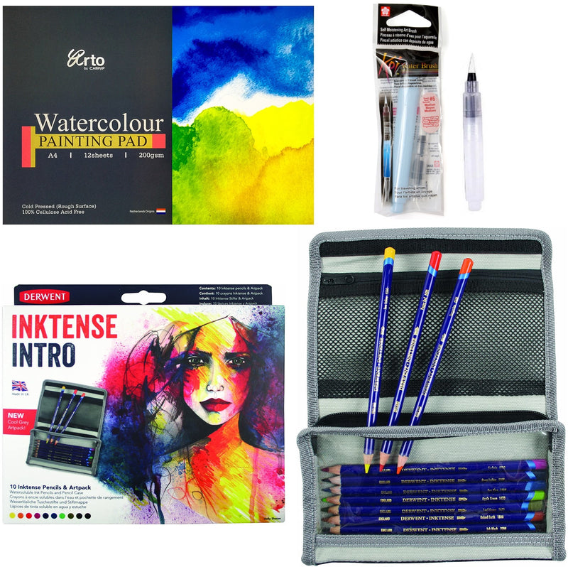 Derwent Derwent Inktense Intro Colouring Pencils + Watercolour Pad & Brush Art Set