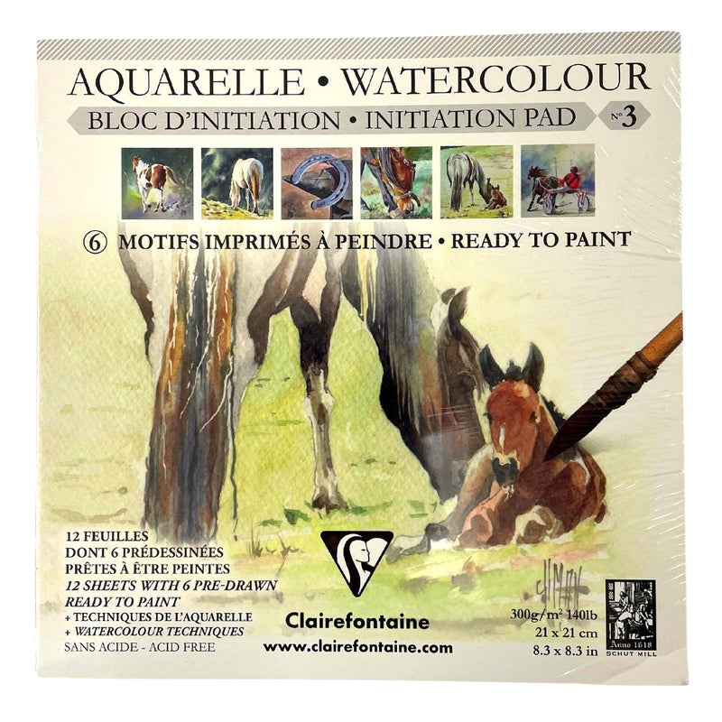 Clairefontaine Pre-Drawn Learning Watercolour Painting Colouring Pad 300gsm - Horses 21x21cm