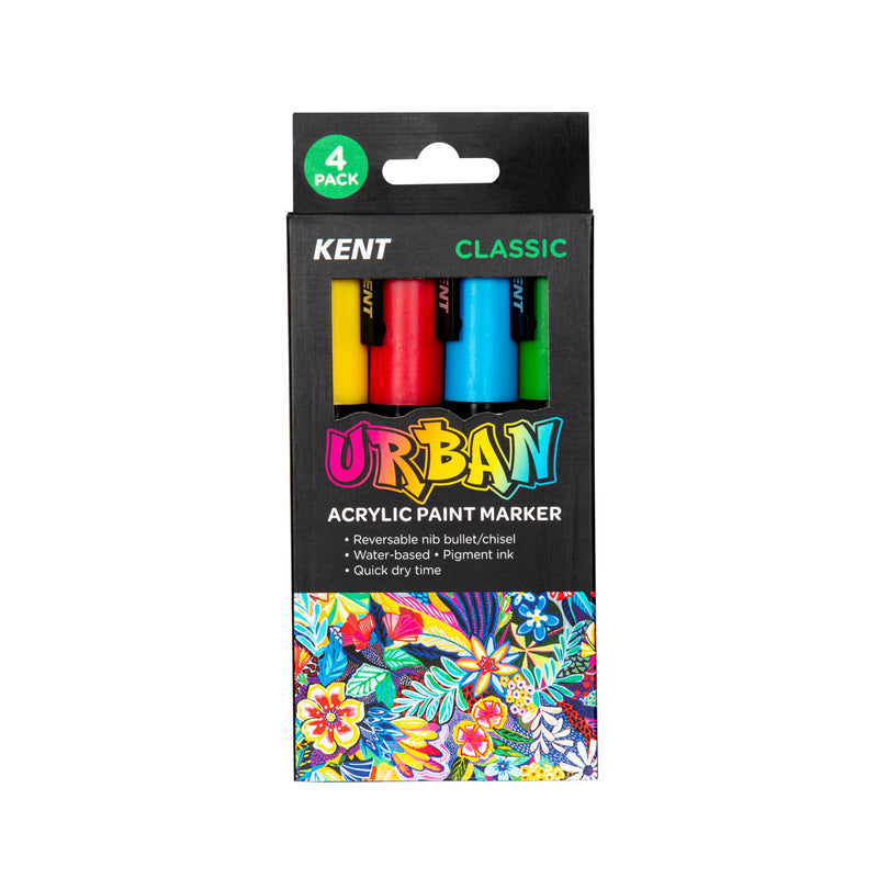 Kent Urban Acrylic Paint Markers – Classic Pack of 4 (Yellow, Red, Blue, Green)