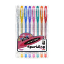 A pack of Uni-Ball Signo Sparkling Colour Gel Pens featuring various colors including blue, red, orange, green, pink, violet, gold, and silver.