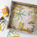 Decorative tray with leaf pattern, Mod Podge, and paintbrushes on a white surface