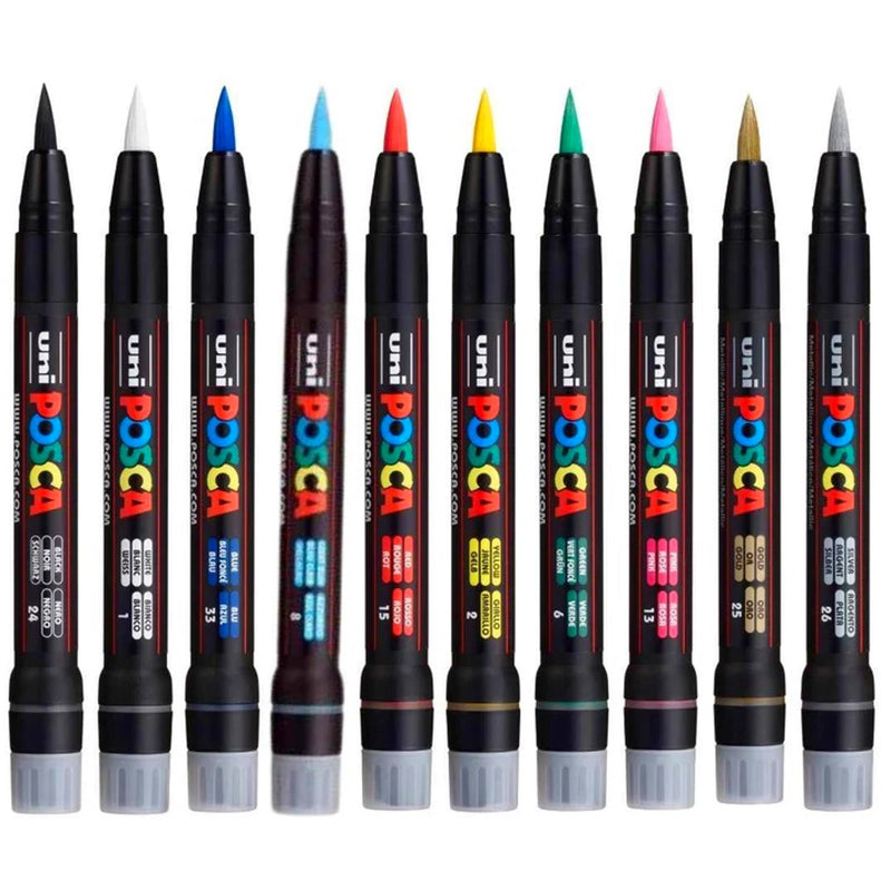 Uni POSCA 10pk Water Based Brush Tip Art Pens Opaque Paint Markers