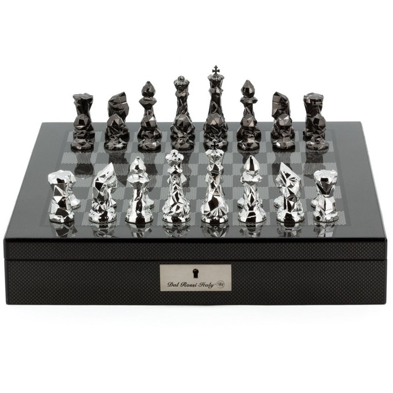 Dal Rossi Dal Rossi Italy Diamond Cut Chess Set Silver/Titanium Carbon Fibre Finish 16" Board