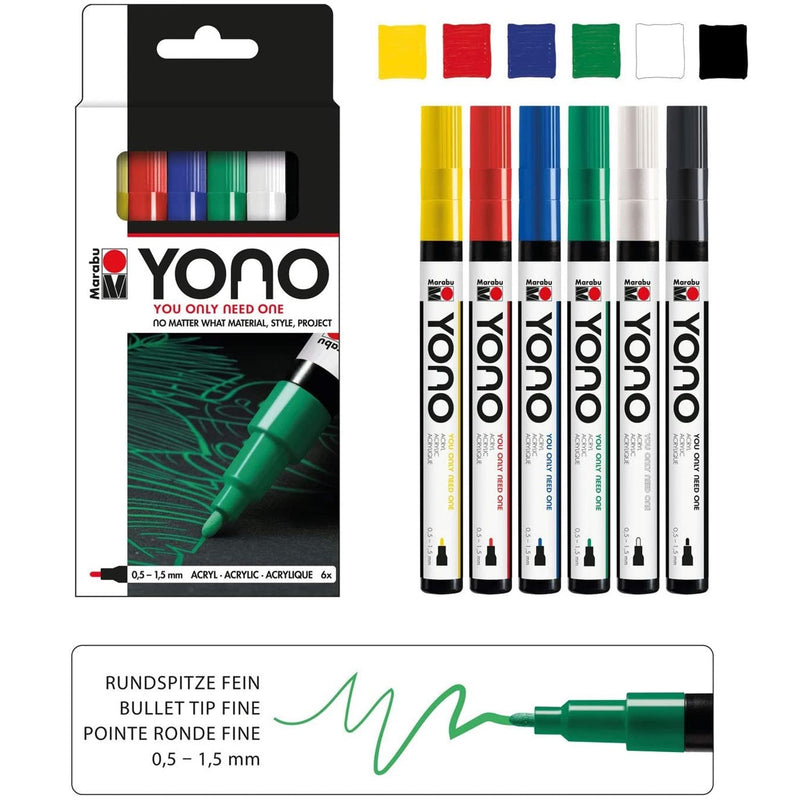 Marabu Marabu YONO 6pk Pens Acrylic Bullet Tip 1.5mm Paint Markers - Basic Colours