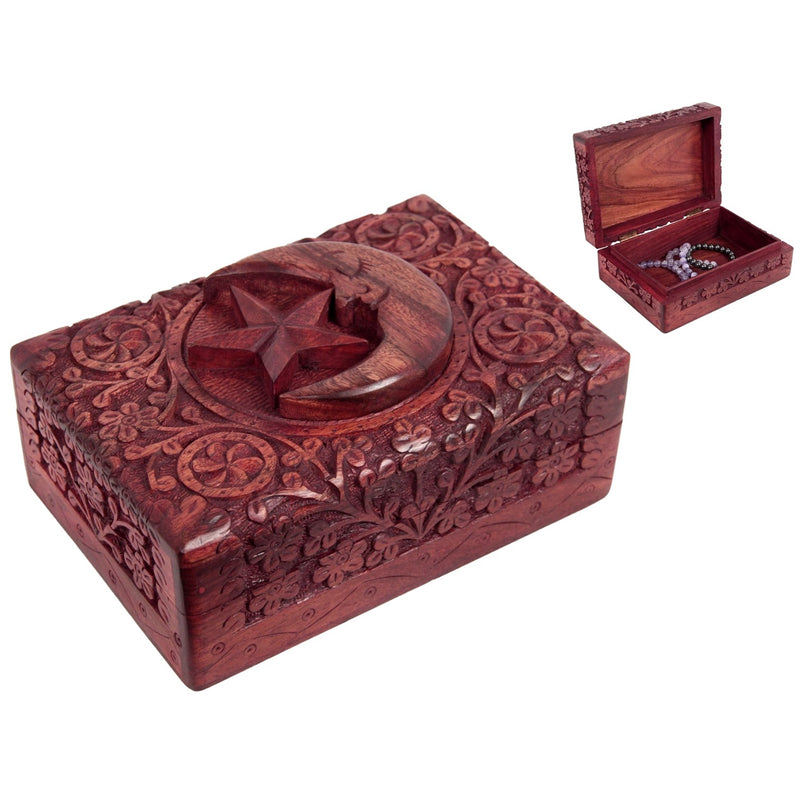 Kraft Collection Wooden Star & Moon Hand Carved Jewellery Trinket Storage Box